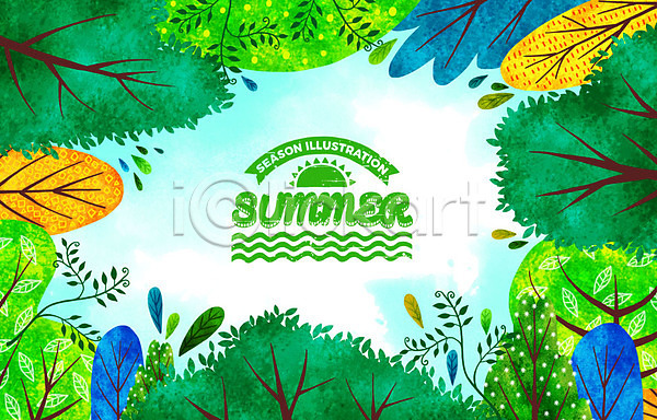 사람없음 PSD 일러스트 계절 나무 나뭇잎 라벨 백그라운드 여름(계절) 울창 초록색 태양
