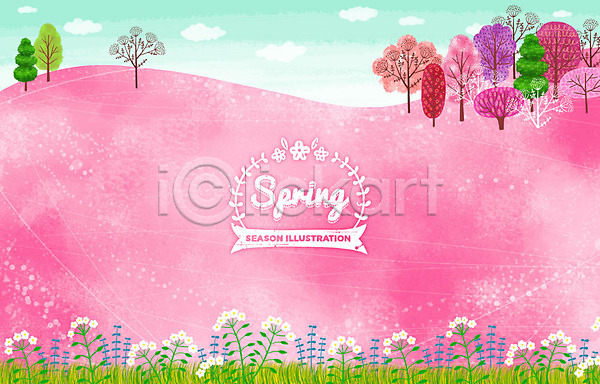 사람없음 PSD 일러스트 계절 구름(자연) 나무 들꽃 라벨 백그라운드 봄 봄배경 분홍색 언덕 잔디 하늘