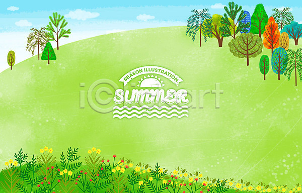 사람없음 PSD 일러스트 계절 꽃 꽃밭 나무 라벨 백그라운드 버드나무 언덕 여름(계절) 연두색 컬러풀 태양