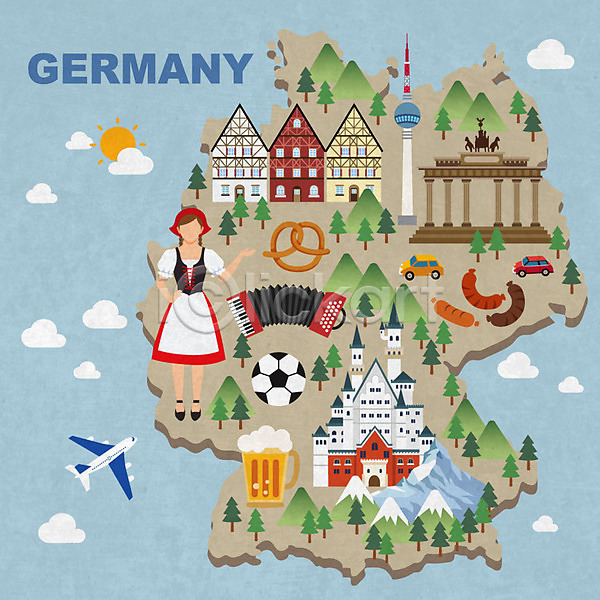 사람 성인 여자 한명 AI(파일형식) 일러스트 개선문 관광지 독일 독일마을 독일문화 독일의상 독일전통의상 랜드마크 베를린 생맥주 소시지 아코디언 전신 지도 축구공 쾰른대성당 탑