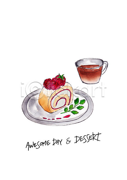 달콤 사람없음 PSD 일러스트 꽃 디저트 롤케이크 수채화(물감) 잎 접시 조각 커피 케이크
