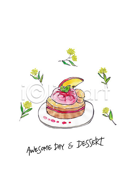달콤 사람없음 PSD 일러스트 과일케이크 꽃 디저트 사과 수채화(물감) 케이크 풀잎
