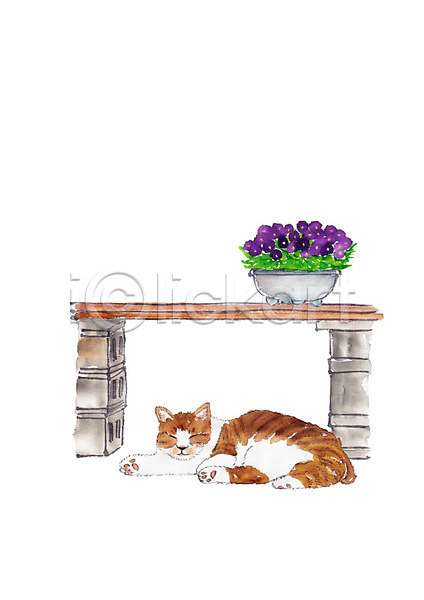 사람없음 PSD 일러스트 고양이 꽃 동물 반려 반려동물 벽돌 수채화(물감) 잠 탁자 한마리 화분