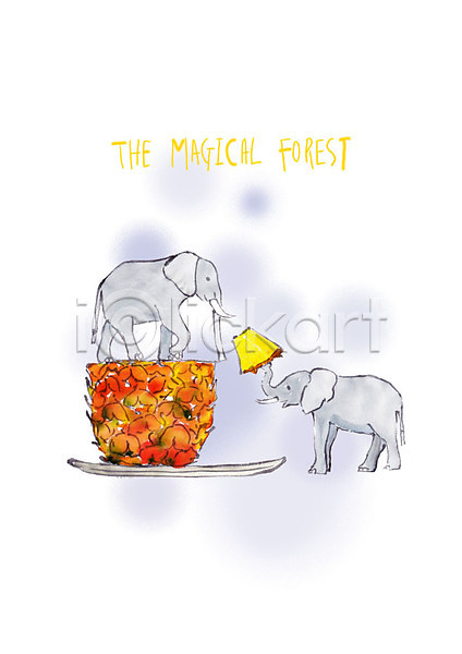 사람없음 PSD 일러스트 과일 동물 두마리 붓터치 수채화(물감) 접시 조각 주기 코끼리 파인애플