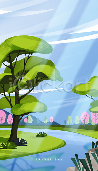 사람없음 PSD 일러스트 개울 꽃나무 나무 들풀 바위 백그라운드 빛 여행 자연 잔디 초원(자연) 하늘 햇빛