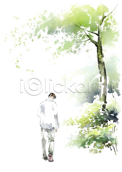 산책 휴식 남자 사람 성인 성인남자한명만 한명 PSD 뒷모습 일러스트 나무 번짐 붓터치 숲속 전신 캘리그라피 풀숲