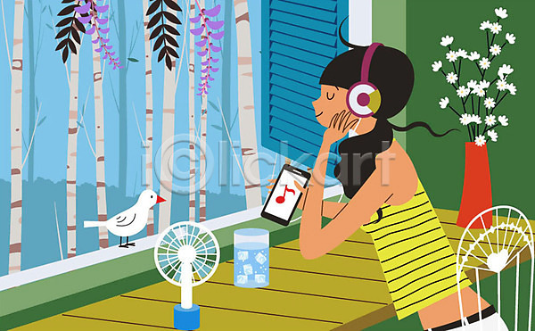 사람 성인 여자 한명 AI(파일형식) 일러스트 꽃병 더위 더위탈출 미소(표정) 민소매 상반신 손풍기 숲속 스마트폰 앉기 얼음물 음악감상 조류 창가 탁자 한마리 헤드셋