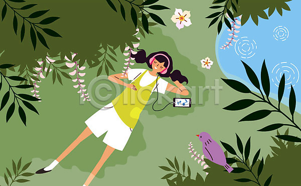 사람 성인 여자 한명 AI(파일형식) 일러스트 개울 나뭇가지 눕기 더위 더위탈출 숲속 스마트폰 열대꽃 음악감상 전신 조류 초원(자연) 한마리 헤드셋