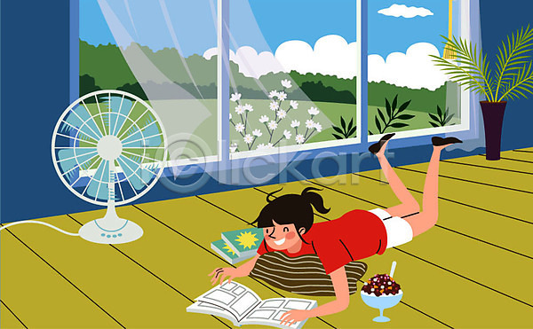 즐거움 사람 성인 여자 한명 AI(파일형식) 일러스트 꽃 나무 더위 더위탈출 마루(인테리어) 만화책 미소(표정) 바람 선풍기 엎드리기 여름음식 읽기 전신 제철음식 창가 초원(자연) 커튼 팥빙수 화분