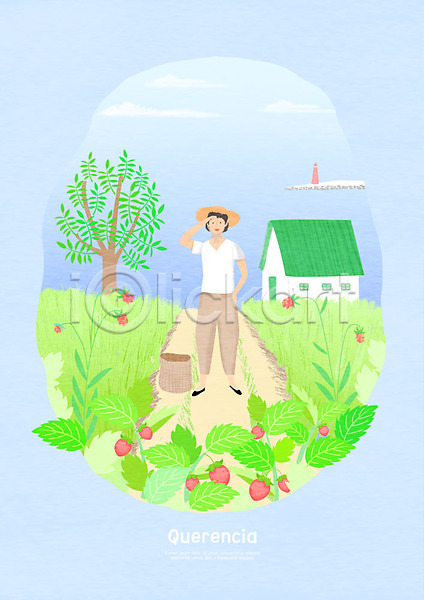 휴식 사람 성인 여자 한명 PSD 일러스트 공간 나무 농사 들풀 등대 딸기밭 밀짚모자 바구니 바다 시골 안식처 오솔길 전신 주택 휴식처