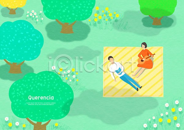 휴식 남자 두명 사람 성인 여자 PSD 일러스트 공간 공원 기타 꽃밭 나무 눕기 독서 돗자리 소풍 안식처 연주 전신 초원(자연) 커플 한가함 휴식처