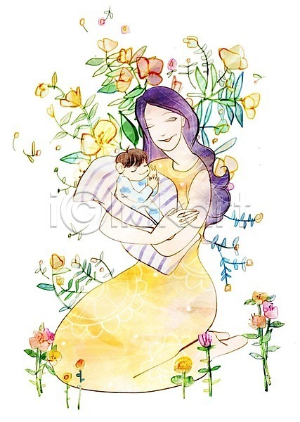 사랑 편안함 남자 두명 사람 성인 아기 여자 PSD 일러스트 가족 꽃 꽃밭 미소(표정) 안기 잠 전신 포대기