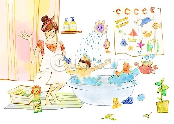 사랑 즐거움 남자 사람 성인 어린이 여자 PSD 일러스트 가족 목욕 상반신 샤워기 샤워커튼 세정제 수건 욕조 육아 인형 장난감 전신 화분