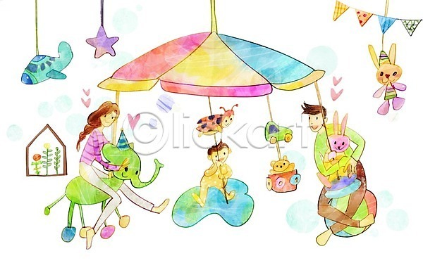 사랑 즐거움 남자 사람 성인 세명 아기 여자 PSD 일러스트 가족 놀이공원 미소(표정) 별 인형 장난감 전신 회전목마
