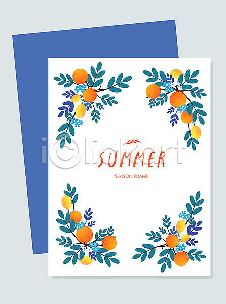 시원함 사람없음 AI(파일형식) 일러스트 프레임일러스트 계절 나뭇잎 들꽃 백그라운드 여름(계절) 열매 엽서 파란색 프레임