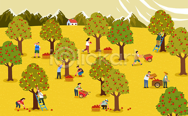 남자 사람 성인 여러명 여자 PSD 일러스트 가을(계절) 가을축제 가을풍경 과수원 과일나무 담기 바구니 사과나무 사과따기 사다리 산 수레 수확 운반 주택