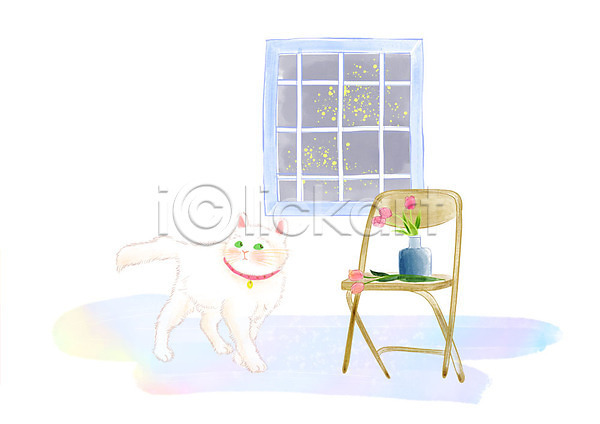 감성 사람없음 PSD 일러스트 고양이 꽃병 반려 반려동물 별 수채화(물감) 야간 오브젝트 응시 의자 일상 장식 창문 풍경(경치) 한마리
