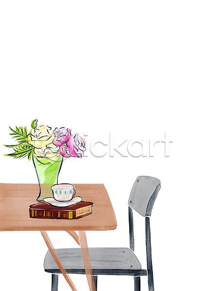감성 사람없음 PSD 일러스트 꽃병 수채화(물감) 오브젝트 의자 일상 장식 책 커피잔 탁자 풍경(경치) 한권