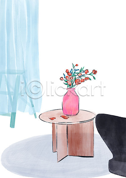 감성 떨어짐 사람없음 PSD 일러스트 꽃병 꽃잎 소파 수채화(물감) 오브젝트 일상 장식 카펫 커튼 탁자 풍경(경치)
