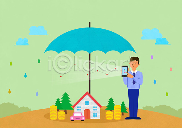 남자 사람 성인 한명 PSD 일러스트 가리킴 구름(자연) 그래프 금융 금화 나무 동전탑 들기 비 비즈니스맨 빗방울 서기 스마트폰 우산 자동차 전신 주택