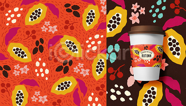 사람없음 AI(파일형식) 편집이미지 가을(계절) 과일 꽃 나뭇잎 목업 산열매 씨앗 커피 컵홀더 테이크아웃컵 패턴
