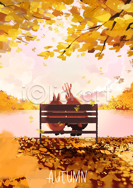여유 사람없음 PSD 뒷모습 일러스트 가을(계절) 가을풍경 낙엽 단풍 단풍나무 두마리 벤치 사슴 사슴캐릭터 앉기 은행나무 은행잎 응시 의인화 초원(자연) 캐릭터 호수