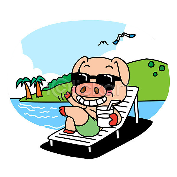 즐거움 사람없음 AI(파일형식) 일러스트 갈매기 돼지 돼지캐릭터 바다 선글라스 선베드 야자수 여름(계절) 음료 캐릭터 한마리