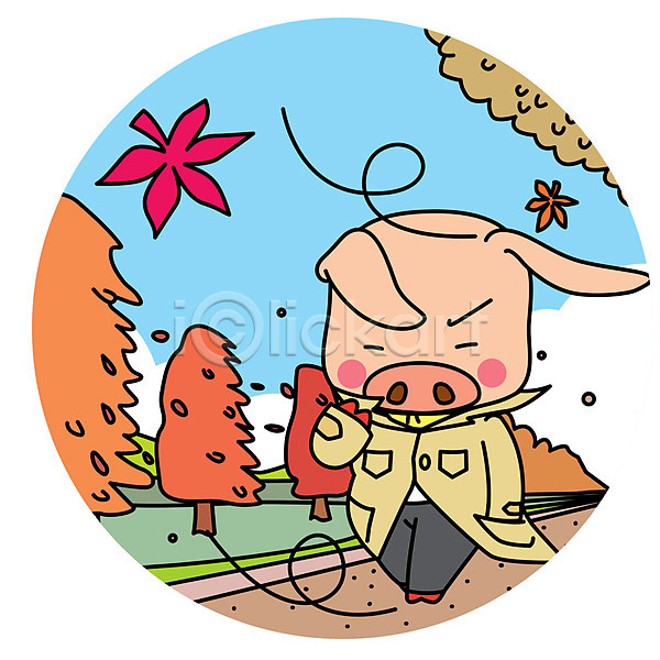 사람없음 AI(파일형식) 일러스트 가을(계절) 걷기 나무 낙엽 날리기 단풍 도로 돼지 돼지캐릭터 바람 산 초원(자연) 캐릭터 트렌치코트 한마리