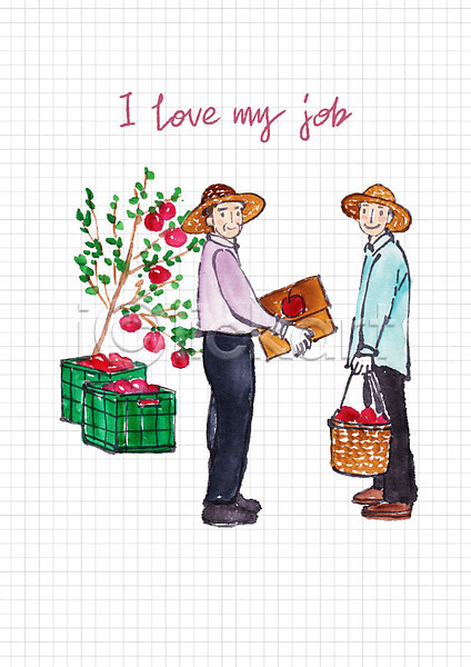 남자 두명 사람 성인 중년 PSD 일러스트 과수원 농부 들기 목장 미소(표정) 바구니 사과나무 사과박스 서기 수확 일자리 전신 직업 포장상자