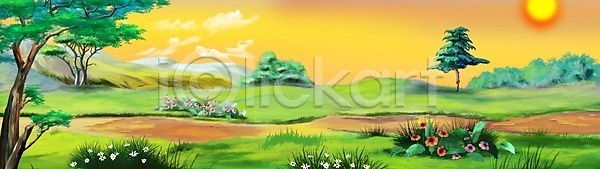 사람없음 JPG 일러스트 포토 해외이미지 가로 그림 길 꽃 나무 만화 바위 방법 백그라운드 산 숲 시골 야외 여름(계절) 여행 자연 점토 초록색 파노라마 풍경(경치) 하늘 해외202004 해외일러스트