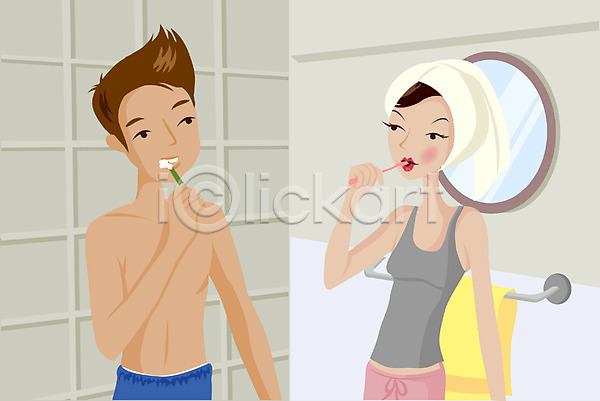 로맨틱 남자 두명 사람 여자 EPS 일러스트 거울 라이프스타일 부부 속옷 신혼부부 실내 양치 욕실 커플 화장실