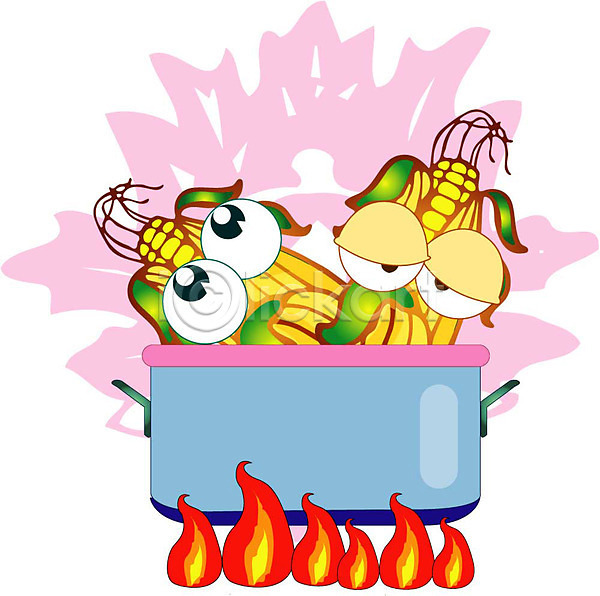 일러스트 냄비 불 불꽃(불) 식물 식재료 열매 옥수수 음식 음식캐릭터 캐릭터 클립아트