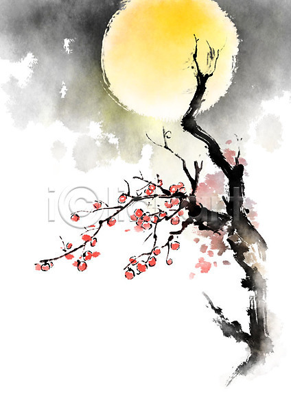 사람없음 PSD 일러스트 가을(계절) 감나무 번짐 보름달 붓터치 야간 캘리그라피 풍경(경치) 한국전통