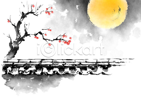 사람없음 PSD 일러스트 가을(계절) 감나무 기와담장 기와집 번짐 보름달 붓터치 시골 야간 캘리그라피 풍경(경치) 한국전통