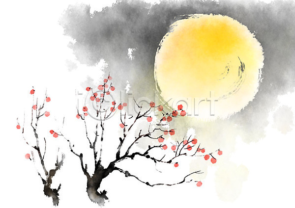 사람없음 PSD 일러스트 가을(계절) 감나무 번짐 보름달 붓터치 야간 캘리그라피 한국전통