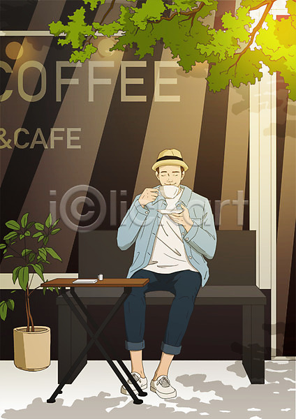 여유 남자 사람 성인 성인남자한명만 한명 PSD 일러스트 마시기 미소(표정) 벤치 소확행 아트툰 안식처 앉기 전신 카페 커피 커피잔 탁자 화분