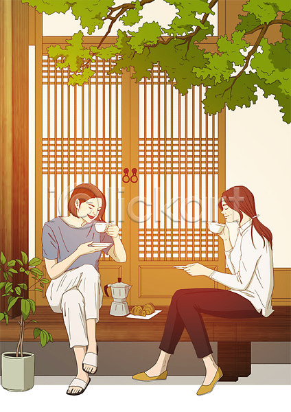 여유 즐거움 티타임 두명 사람 성인 성인여자만 여자 PSD 일러스트 나뭇가지 마시기 미소(표정) 소확행 아트툰 앉기 전신 정원 친구 커피 한옥 화분