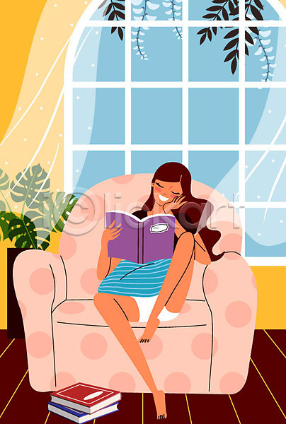 휴식 사람 성인 성인여자한명만 여자 한명 AI(파일형식) 일러스트 나뭇가지 독서 미소(표정) 소파 소확행 실내 안식처 앉기 연휴 전신 창가 책 커튼 화분