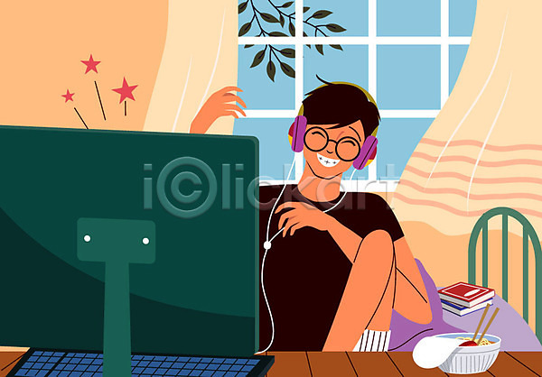 즐거움 휴식 남자 사람 성인 성인남자한명만 한명 AI(파일형식) 일러스트 게임 모니터 미소(표정) 상반신 소확행 안경낌 안식처 앉기 연휴 창가 커튼 컴퓨터 컴퓨터게임 컵라면 헤드셋