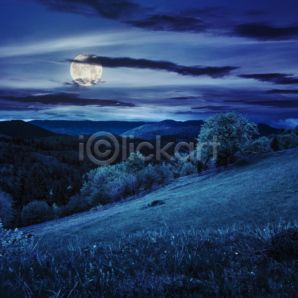 사람없음 JPG 포토 해외이미지 달 보름달 산 야간 야외 언덕 초원(자연) 파란색 풍경(경치) 하늘 해외202004