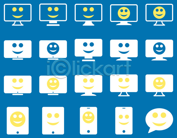 행복 사람없음 JPG 아이콘 해외이미지 감정 노란색 말풍선 모니터 미소(표정) 세트 스마트폰 이모티콘 컴퓨터 파란색 해외202004 흰색