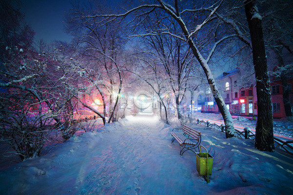사람없음 JPG 포토 해외이미지 겨울 겨울풍경 공원 나무 눈(날씨) 눈덮임 마을 벤치 야간 야외 자연 해외202004