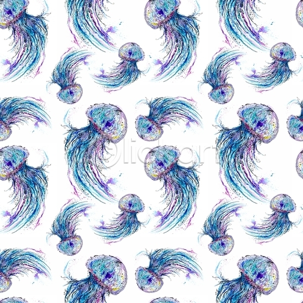 사람없음 JPG 포토 해외이미지 동물 수채화(물감) 파란색 패턴 해외202004 해파리