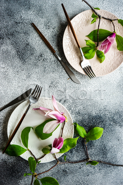 사람없음 JPG 포토 해외이미지 꽃 꽃가지 나이프 식기 접시 포크 회색배경