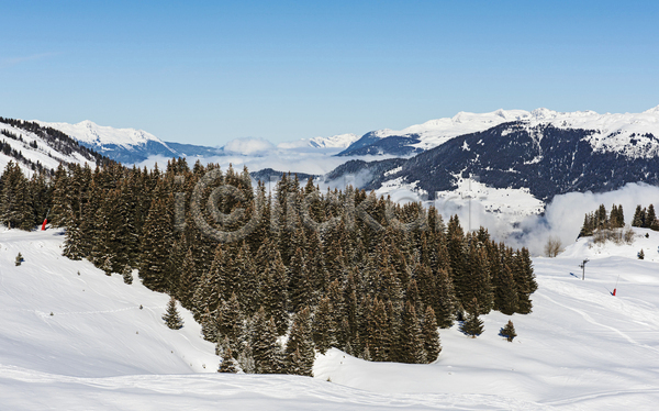 사람없음 JPG 포토 해외이미지 겨울 경사 계곡 구름(자연) 나무 눈내림 산 산맥 소나무 야외 언덕 자연 파노라마 풍경(경치) 프랑스 흰색