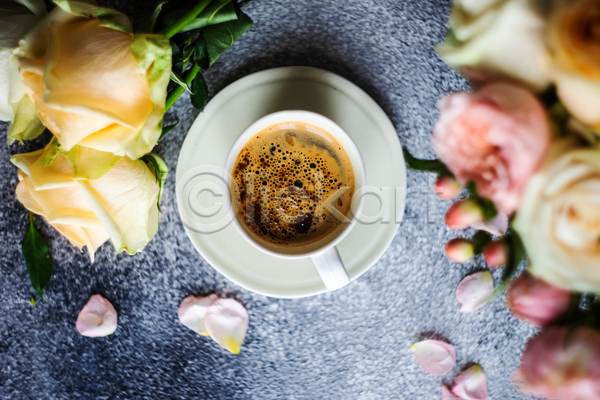 사람없음 JPG 포토 해외이미지 꽃잎 장미 커피 커피잔 컵받침 회색배경
