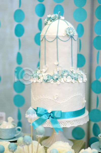 사람없음 JPG 포토 해외이미지 결혼 꽃 리본 웨딩케이크 장식 케이크 파란색