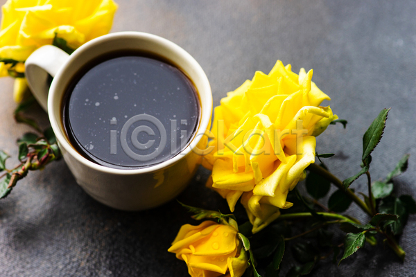 사람없음 JPG 포토 해외이미지 꽃가지 머그컵 잎 장미 커피 회색배경