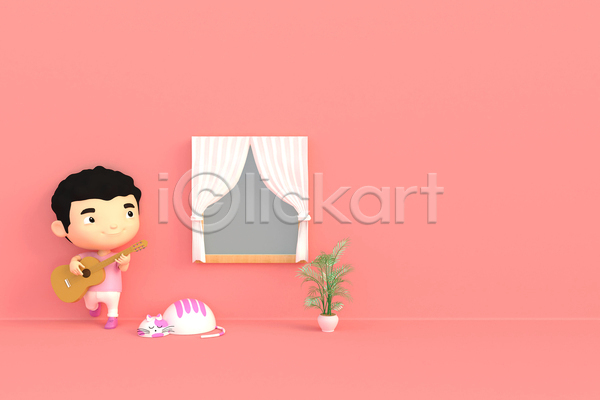 남자 소년 소년한명만 어린이 한명 3D JPG 포토 해외이미지 3D캐릭터 고양이 기타 들기 분홍색 서기 연주 응시 잎 전신 창문 커튼 한마리 화분