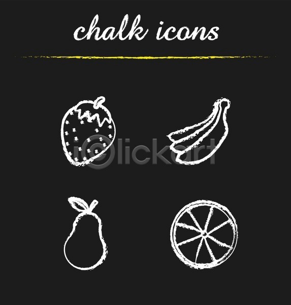 사람없음 EPS 일러스트 해외이미지 검은색 과일 귤 그림 디자인 딸기 바나나 서양배 선 세트 오렌지 칠판 흰색
